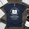 Navy blue t-shirt with white circular design featuring text: Absolute Rule 1 Text Accuracy & Readability, Absolute Rule 2 Printability