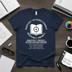 Navy blue t-shirt with white circular design featuring text: Absolute Rule 1 Text Accuracy & Readability, Absolute Rule 2 Printability