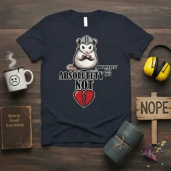 T-shirt with "Absolutely Not Not Not" text, a cute opossum in a helmet, and a broken red heart graphic