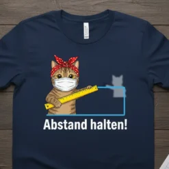 Abstand halten! German social distancing t-shirt design featuring a cat wearing a mask and holding a ruler, with blue social