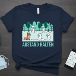 T-shirt with "Abstand Halten" text and cartoon animals wearing masks, spaced apart, with a city skyline background