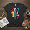 Abstract cubist faces design on a black t-shirt with bold geometric shapes and vibrant red, blue, yellow, and white colors