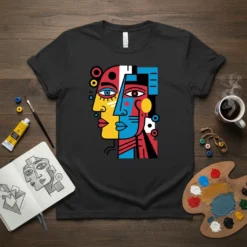 Abstract cubist faces design on a black t-shirt with bold geometric shapes and vibrant red, blue, yellow, and white colors