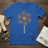 Abstract floral pinwheel design t-shirt with purple, blue, and gold colors on a stem