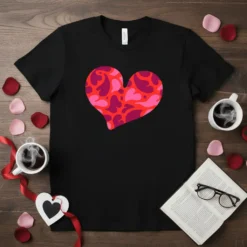 Black t-shirt featuring a large abstract heart graphic in shades of red and pink with a modern pattern