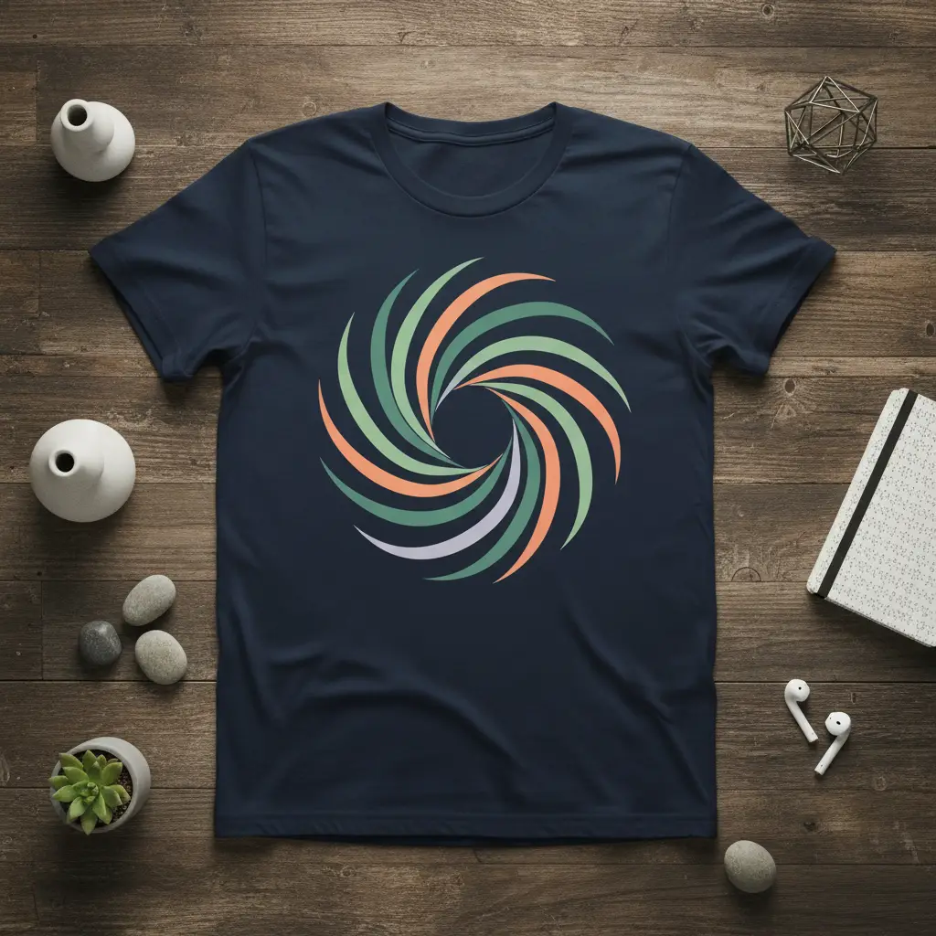 Abstract swirl graphic t-shirt showcasing a vortex of green, orange, and purple curved lines