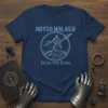 Abyss Walker Fear the Dark t-shirt with pixelated text and a warrior in a circle graphic