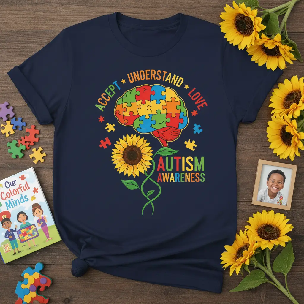 Accept Understand Love Autism Awareness text with puzzle brain and sunflower design on navy tee