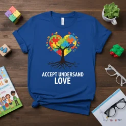Autism Awareness T-Shirt with ACCEPT UNDERSTAND LOVE text and a puzzle heart tree graphic