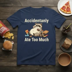 Accidentanly Ate Too Much t-shirt with a cartoon raccoon sitting with snacks and a donut, white text