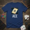 Ace of Spades playing card graphic with the word ACE below, on a navy blue t-shirt