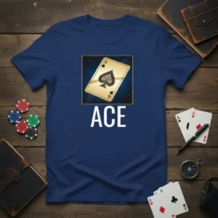 Ace of Spades playing card graphic with the word ACE below, on a navy blue t-shirt
