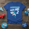 Achtung! Ich bin 2 German text with a cartoon shark graphic on a blue t-shirt, perfect for a 2nd birthday