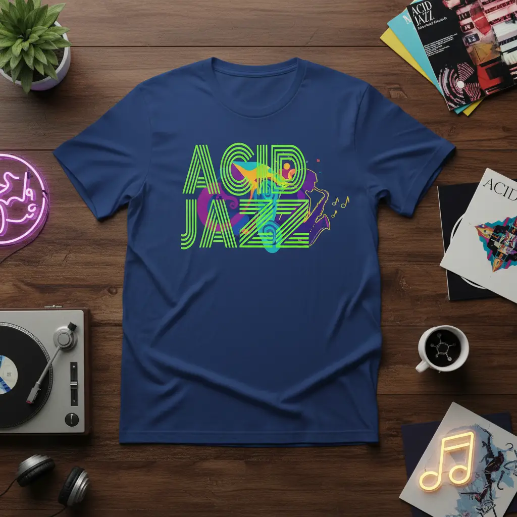 Colorful Acid Jazz text design with musical notes and saxophone silhouette on a navy blue tee