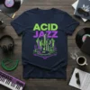 ACID JAZZ text in neon green and purple with a cityscape and turntable graphic on a navy t-shirt