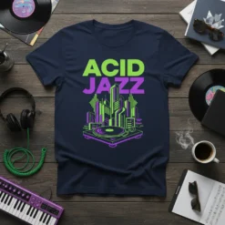 ACID JAZZ text in neon green and purple with a cityscape and turntable graphic on a navy t-shirt