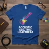 Acoustic Electric Heartbeat t-shirt design featuring a colorful electric guitar with musical notes and vibrant splashes