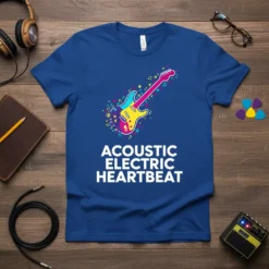 Acoustic Electric Heartbeat t-shirt design featuring a colorful electric guitar with musical notes and vibrant splashes