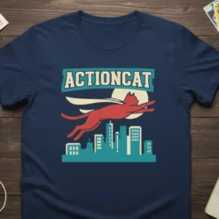 Actioncat text above a red superhero cat flying over a city skyline, printed on a navy blue t-shirt