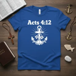 Royal blue t-shirt featuring white text "Acts 4:12" above a white anchor graphic with flowers and a cross, symbolizing faith