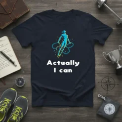 Navy t-shirt with "Actually I can" text and a dynamic blue figure breaking chains graphic