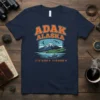 Aday Alaska coordinates t-shirt design featuring a mountain landscape, boat, and coordinates text