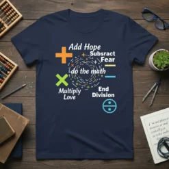Navy t-shirt with "Add Hope Substract Fear do the math Multiply Love End Division" math-themed motivational quote design