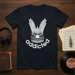 White text "addicted" curved below a white graphic of a pipe organ keyboard and pipes on a black t-shirt