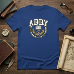 Blue t-shirt with "ADDY" text in white and gold varsity font, featuring a circular crest with an open book and