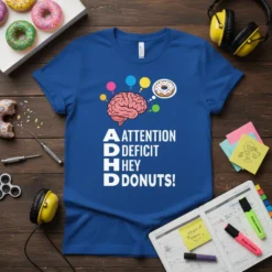 ADHD ATTENTION DEFICIT HEY DONUTS! text with brain and donut graphic on a royal blue t-shirt