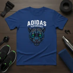 Adidas Performance t-shirt featuring a geometric black panther head with green eyes and white text "ADIDAS PERFORMANCE" above it