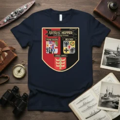 Admiral Hipper Class Cruisers t-shirt with heraldic crests for Prinz Eugen and Blücher, navy blue background