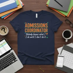 Navy blue t-shirt with orange and green text reading "ADMISSIONS COORDINATOR Nobody knows what I do until I don't do