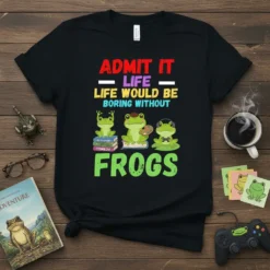 Admit It Life Would Be Boring Without Frogs text design with three cute frogs on a black t-shirt