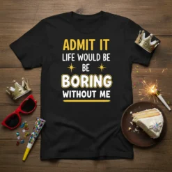 Black t-shirt with "Admit It Life Would Be Boring Without Me" quote in yellow and white typography
