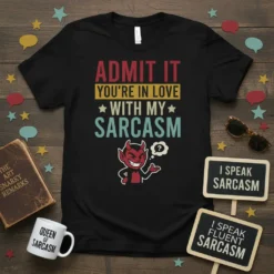 Black t-shirt with bold text "ADMIT IT YOU'RE IN LOVE WITH MY SARCASTARS" and a cartoon devil graphic
