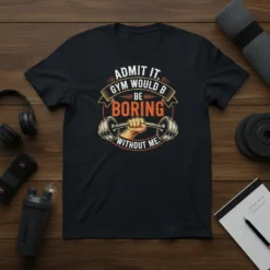 Black t-shirt with white and orange text "Admit It. Gym Would Be Boring Without Me." and a graphic of a