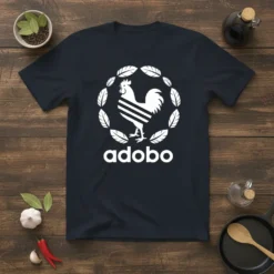 Adobo t-shirt with white rooster and leaves design, featuring the word "adobo" in white text