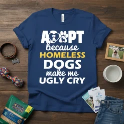 Text design "ADOPT because HOMELESS DOGS make me UGLY CRY" with dog and paw print graphics on a navy blue