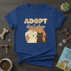 ADOPT don't shop t-shirt with a happy dog being petted next to a black cat, featuring paw prints