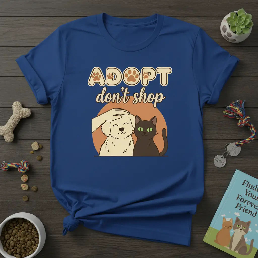ADOPT don't shop phrase with paw print accents above a dog and cat illustration on a blue t-shirt