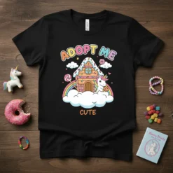 Adopt Me Cute Unicorn Gingerbread House T-Shirt with a rainbow and clouds, featuring a unicorn holding a cookie