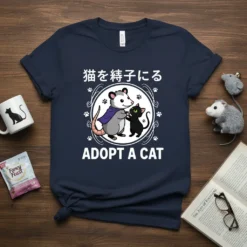 Adopt A Cat T-Shirt with Japanese text, showing a cartoon opossum in a cape holding a black cat