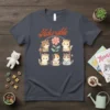 Adorable graphic t-shirt featuring a circle of six kawaii kittens with flowers and butterflies