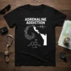 Adrenaline Addiction t-shirt design featuring a climber, heartbeat line, and chemical structure