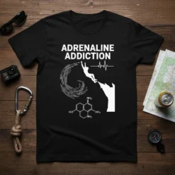 Adrenaline Addiction t-shirt design featuring a climber, heartbeat line, and chemical structure