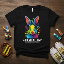 Black t-shirt with vibrant, colorful rabbit graphic and text "ADRENALINE JUMP BOUNCE INTO THE EXTRAORDINAY"