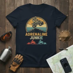 Adrenaline Junkie t-shirt design featuring a quad biker jumping over mountains with retro sunset and ATV graphics
