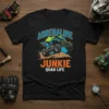 Black t-shirt with "ADRENALINE JUNKIE QUAD LIFE" text and a blue quad bike jumping, designed for ATV riders