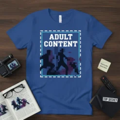 Adult Content T-Shirt featuring pixelated silhouettes of gamers and bold white text